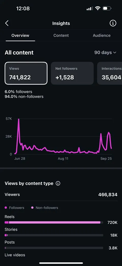 Instagram Insights showing 741,822 views and 1,528 net followers over 90 days