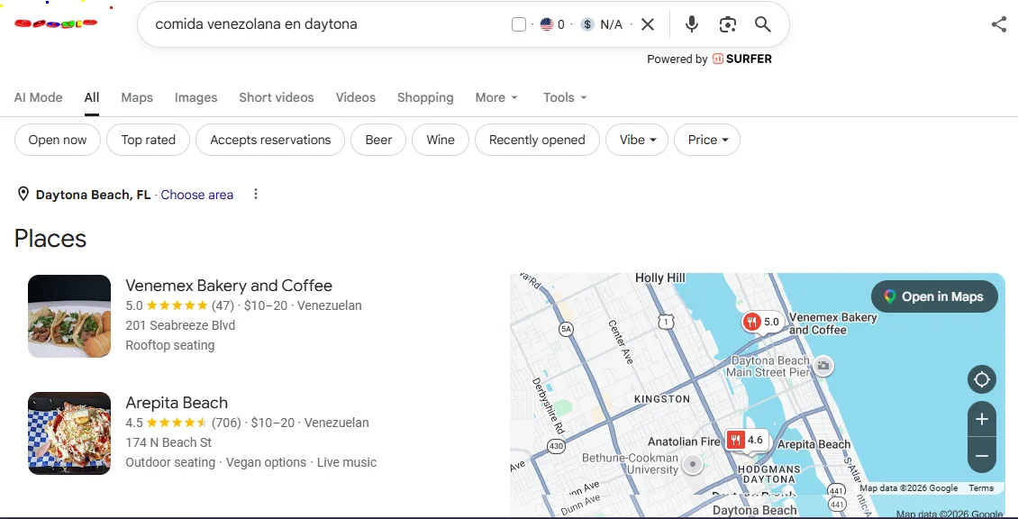 Google search for “comida venezolana en daytona” showing Venemex Bakery and Coffee as the first result under Places in Daytona Beach, FL