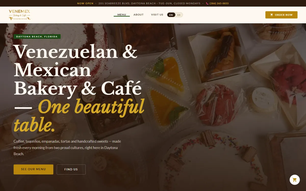 Venemex Bakery & Café website on desktop: bilingual homepage with menu, visit us and Order Now buttons