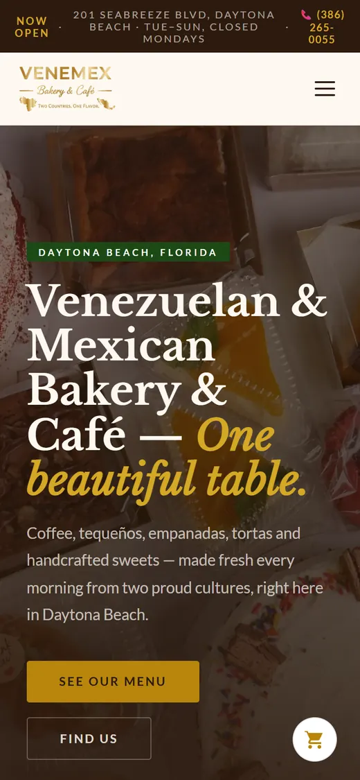 Venemex Bakery & Café website on a phone: mobile homepage with See Our Menu and Find Us buttons